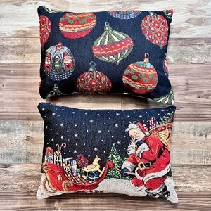 Vtg Tapestry Christmas Throw Pillows (2) Double Sided 12x18 Santa Ornaments